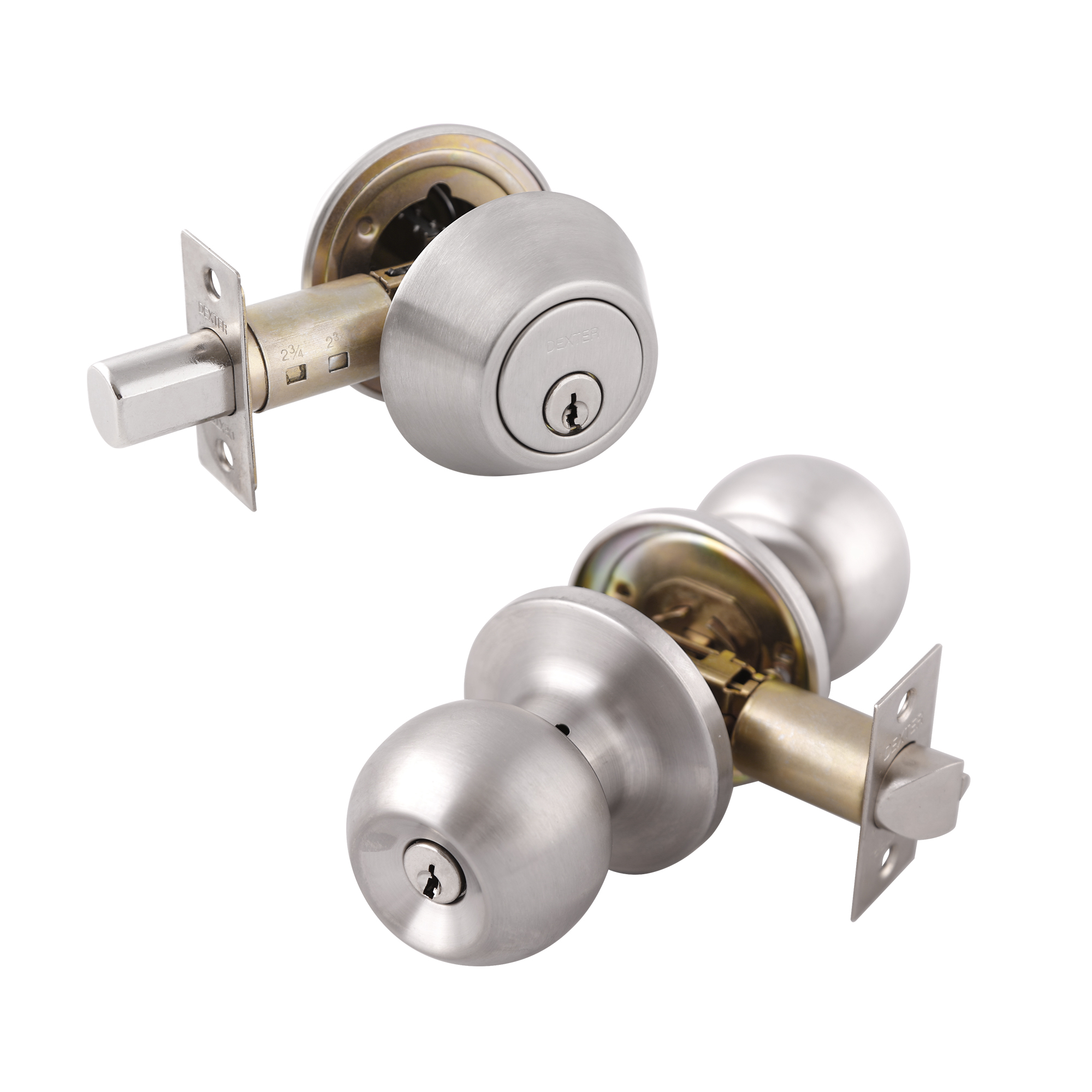 COMBO DE PERILLA Y CERROJO BUILDERS PARA PUERTA PRINCIPAL MECANISMO TUBULAR - Dexter - Marca mexicana líder en el mercado ferretero ofreciendo cerraduras, bisagras, candados y accesorios para puerta y mueble, brindando gran confianza a nuestros clientes con sus productos de la más alta calidad, buen precio, mayor durabilidad y mejor funcionamiento, manejando materiales de fabricación como Latón, Acero inoxidable, Aluminio etc. Proporcionando mayor seguridad y confianza en la protección de tu hogar, oficina, negocio o cualquier tipo de espacio. Nuestros productos manejan gran variedad de acabados como: Níquel Satinado, Latón Antiguo, Latón Brillante, Blanco, ADK, Negro, Beige entre otros. Con variedad de mecanismos de instalación y tipos de llave.