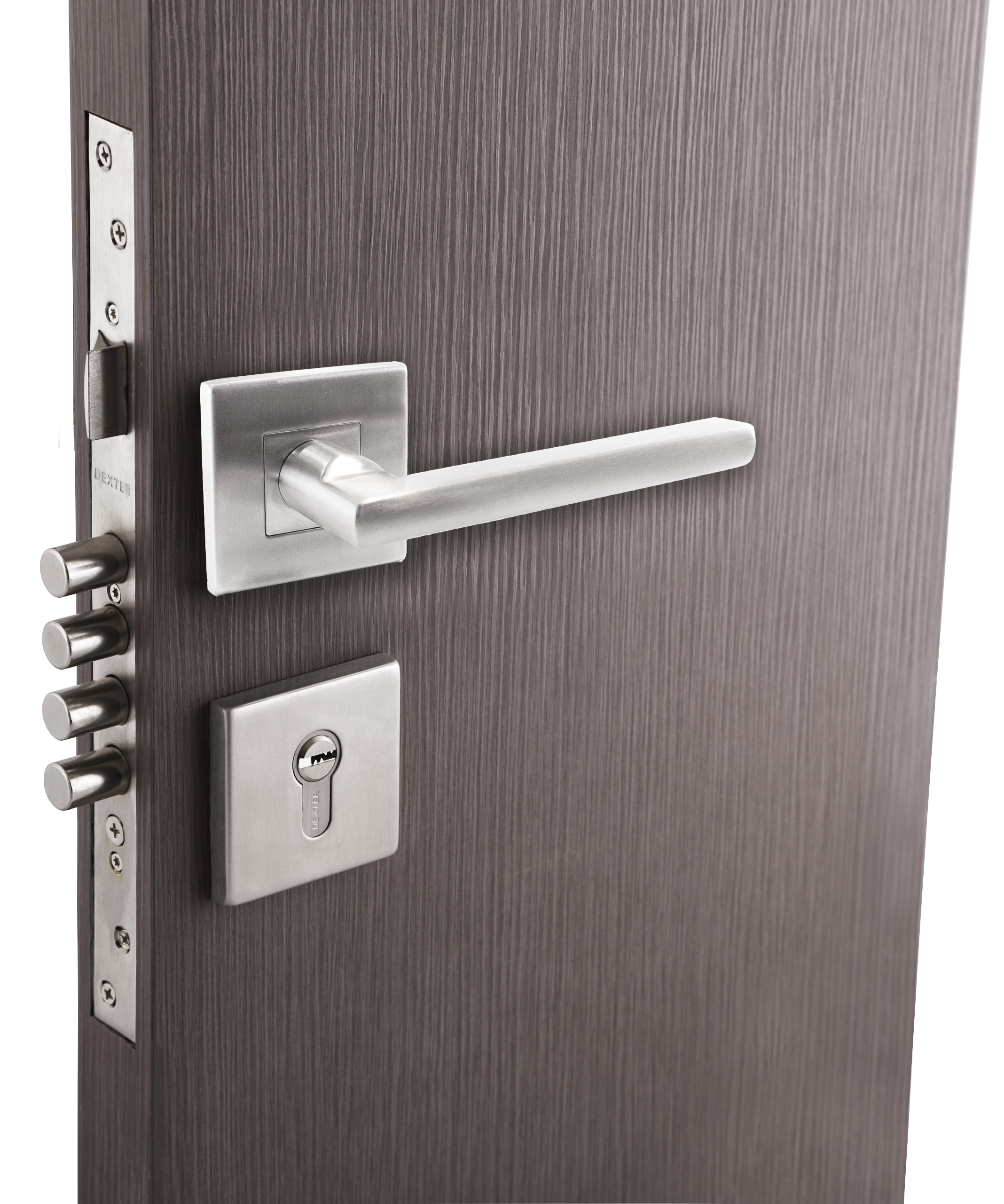 CERRADURA DE MANIJA DELUXE "F" PARA PUERTA PRINCIPAL FUNCIÓN LLAVE - LLAVE DE ALTA SEGURIDAD - Dexter - Marca mexicana líder en el mercado ferretero ofreciendo cerraduras, bisagras, candados y accesorios para puerta y mueble, brindando gran confianza a nuestros clientes con sus productos de la más alta calidad, buen precio, mayor durabilidad y mejor funcionamiento, manejando materiales de fabricación como Latón, Acero inoxidable, Aluminio etc. Proporcionando mayor seguridad y confianza en la protección de tu hogar, oficina, negocio o cualquier tipo de espacio. Nuestros productos manejan gran variedad de acabados como: Níquel Satinado, Latón Antiguo, Latón Brillante, Blanco, ADK, Negro, Beige entre otros. Con variedad de mecanismos de instalación y tipos de llave.