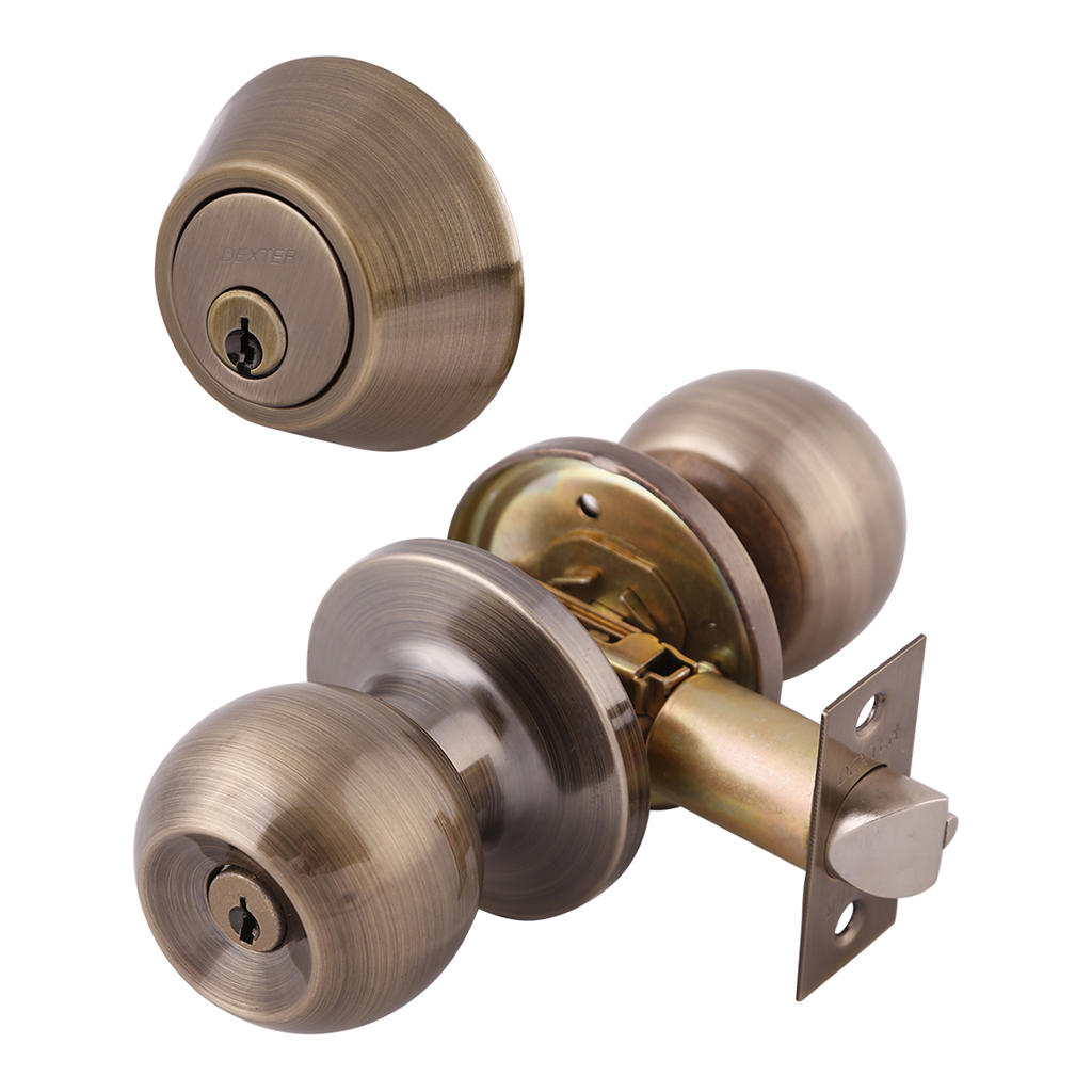 COMBO DE PERILLA Y CERROJO FUNCIÓN LLAVE ESTÁNDAR PARA PUERTA PRINCIPAL Y MECANISMO TUBULAR - Dexter - Marca mexicana líder en el mercado ferretero ofreciendo cerraduras, bisagras, candados y accesorios para puerta y mueble, brindando gran confianza a nuestros clientes con sus productos de la más alta calidad, buen precio, mayor durabilidad y mejor funcionamiento, manejando materiales de fabricación como Latón, Acero inoxidable, Aluminio etc. Proporcionando mayor seguridad y confianza en la protección de tu hogar, oficina, negocio o cualquier tipo de espacio. Nuestros productos manejan gran variedad de acabados como: Níquel Satinado, Latón Antiguo, Latón Brillante, Blanco, ADK, Negro, Beige entre otros. Con variedad de mecanismos de instalación y tipos de llave.