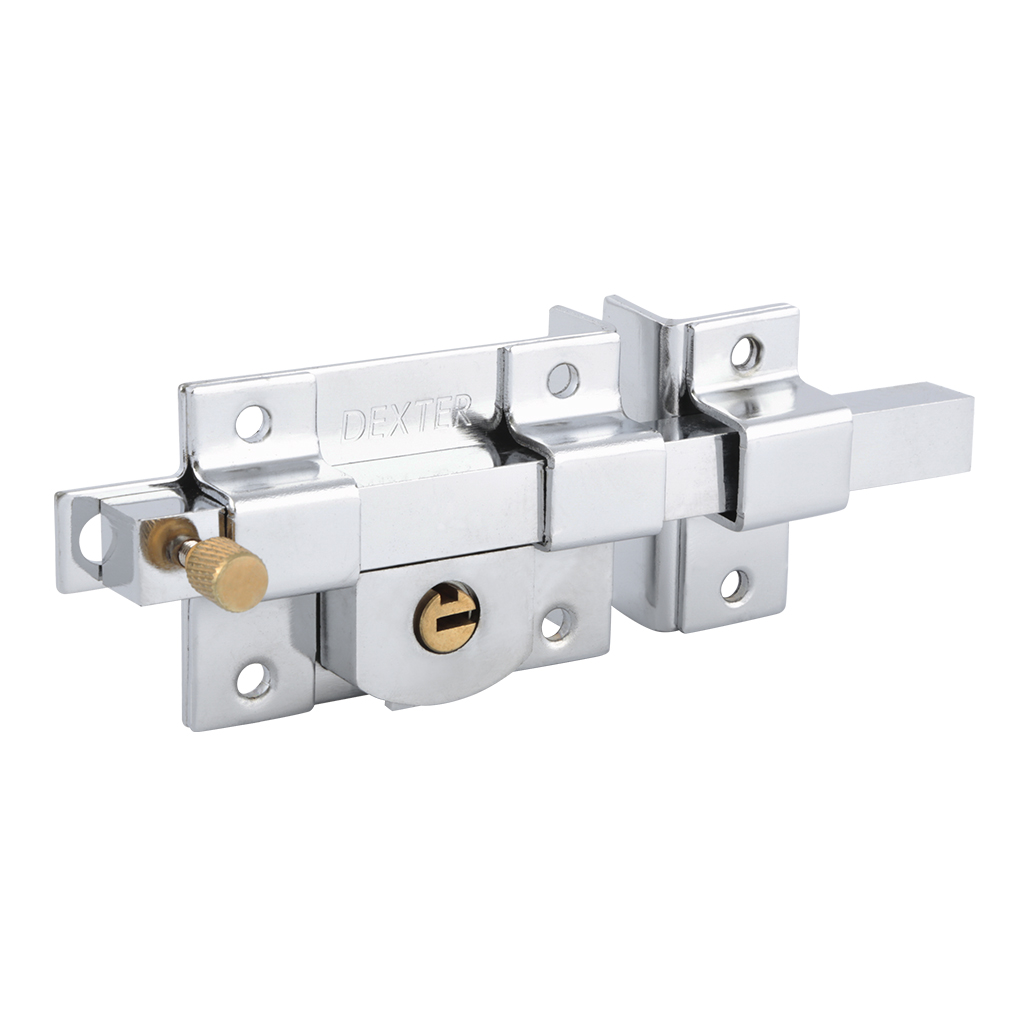 CERRADURA DE SOBREPONER DE BARRA FUNCION FIJA CON LLAVE DE PUNTOS - Dexter - Marca mexicana líder en el mercado ferretero ofreciendo cerraduras, bisagras, candados y accesorios para puerta y mueble, brindando gran confianza a nuestros clientes con sus productos de la más alta calidad, buen precio, mayor durabilidad y mejor funcionamiento, manejando materiales de fabricación como Latón, Acero inoxidable, Aluminio etc. Proporcionando mayor seguridad y confianza en la protección de tu hogar, oficina, negocio o cualquier tipo de espacio. Nuestros productos manejan gran variedad de acabados como: Níquel Satinado, Latón Antiguo, Latón Brillante, Blanco, ADK, Negro, Beige entre otros. Con variedad de mecanismos de instalación y tipos de llave.