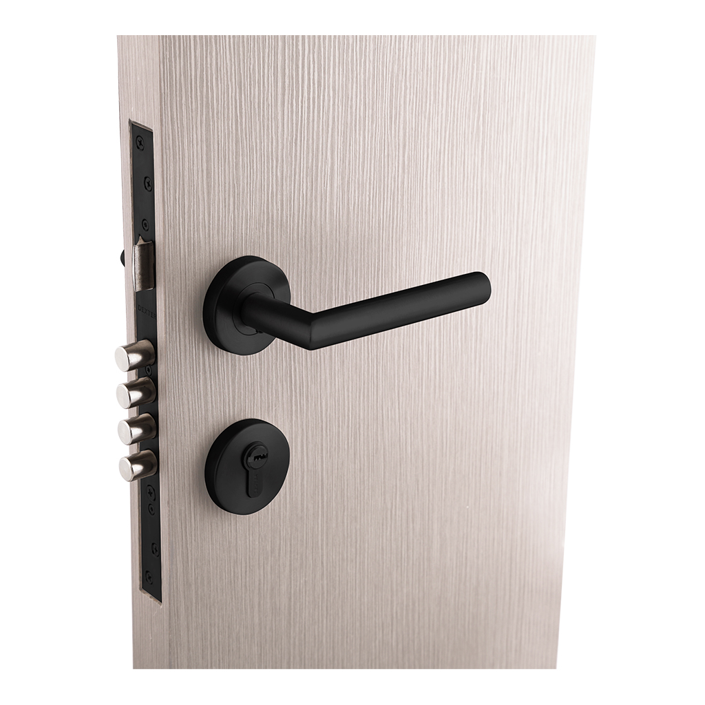 CERRADURA DE MANIJA DELUXE "L" PARA PUERTA PRINCIPAL FUNCIÓN LLAVE - LLAVE DE ALTA SEGURIDAD - Dexter - Marca mexicana líder en el mercado ferretero ofreciendo cerraduras, bisagras, candados y accesorios para puerta y mueble, brindando gran confianza a nuestros clientes con sus productos de la más alta calidad, buen precio, mayor durabilidad y mejor funcionamiento, manejando materiales de fabricación como Latón, Acero inoxidable, Aluminio etc. Proporcionando mayor seguridad y confianza en la protección de tu hogar, oficina, negocio o cualquier tipo de espacio. Nuestros productos manejan gran variedad de acabados como: Níquel Satinado, Latón Antiguo, Latón Brillante, Blanco, ADK, Negro, Beige entre otros. Con variedad de mecanismos de instalación y tipos de llave.