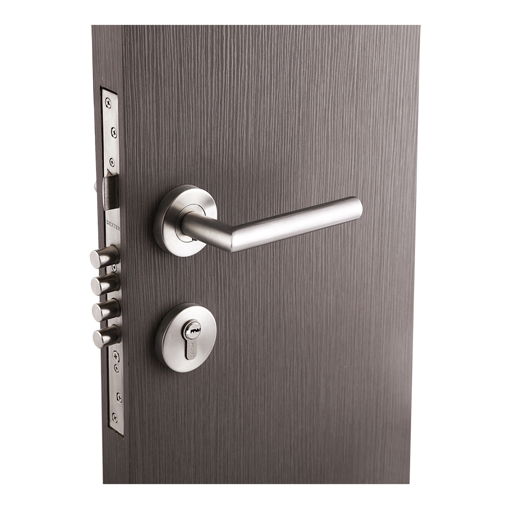 CERRADURA DE MANIJA DELUXE "L" PARA PUERTA PRINCIPAL FUNCIÓN LLAVE - LLAVE DE ALTA SEGURIDAD - Dexter - Marca mexicana líder en el mercado ferretero ofreciendo cerraduras, bisagras, candados y accesorios para puerta y mueble, brindando gran confianza a nuestros clientes con sus productos de la más alta calidad, buen precio, mayor durabilidad y mejor funcionamiento, manejando materiales de fabricación como Latón, Acero inoxidable, Aluminio etc. Proporcionando mayor seguridad y confianza en la protección de tu hogar, oficina, negocio o cualquier tipo de espacio. Nuestros productos manejan gran variedad de acabados como: Níquel Satinado, Latón Antiguo, Latón Brillante, Blanco, ADK, Negro, Beige entre otros. Con variedad de mecanismos de instalación y tipos de llave.
