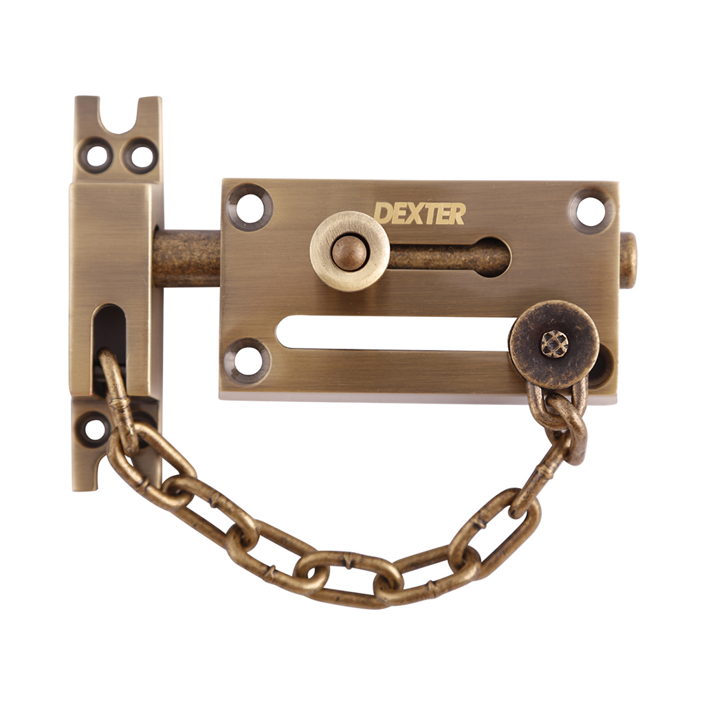 PASADOR  TIPO BARRA CON CADENA PARA PUERTA - Dexter - Marca mexicana líder en el mercado ferretero ofreciendo cerraduras, bisagras, candados y accesorios para puerta y mueble, brindando gran confianza a nuestros clientes con sus productos de la más alta calidad, buen precio, mayor durabilidad y mejor funcionamiento, manejando materiales de fabricación como Latón, Acero inoxidable, Aluminio etc. Proporcionando mayor seguridad y confianza en la protección de tu hogar, oficina, negocio o cualquier tipo de espacio. Nuestros productos manejan gran variedad de acabados como: Níquel Satinado, Latón Antiguo, Latón Brillante, Blanco, ADK, Negro, Beige entre otros. Con variedad de mecanismos de instalación y tipos de llave.